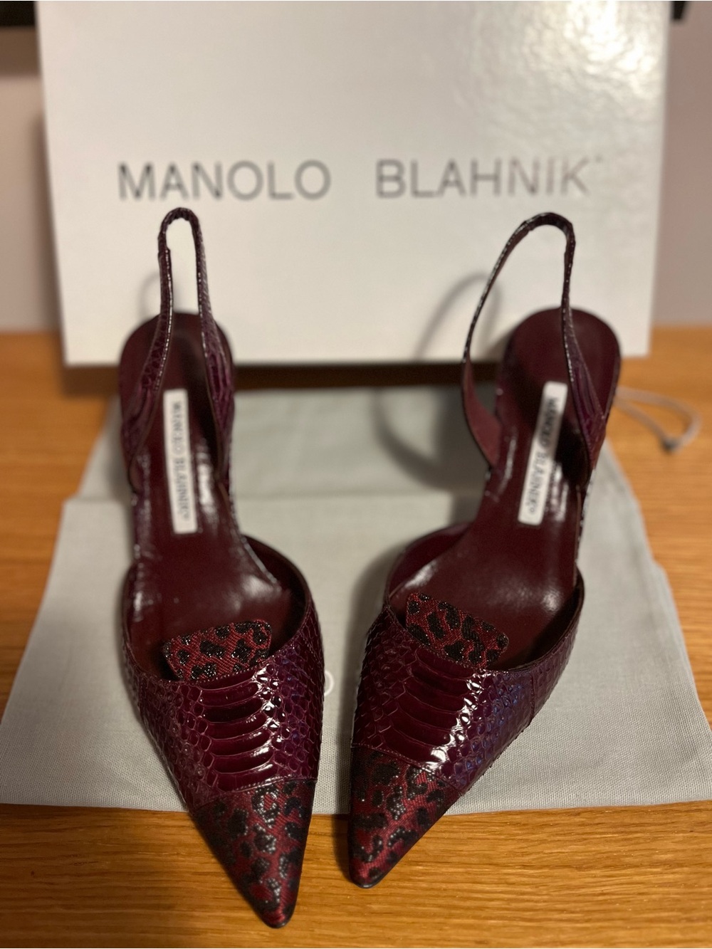 Manolo Blahnik Burgundy Pointed Slingback Pumps with Subtle Animal Print